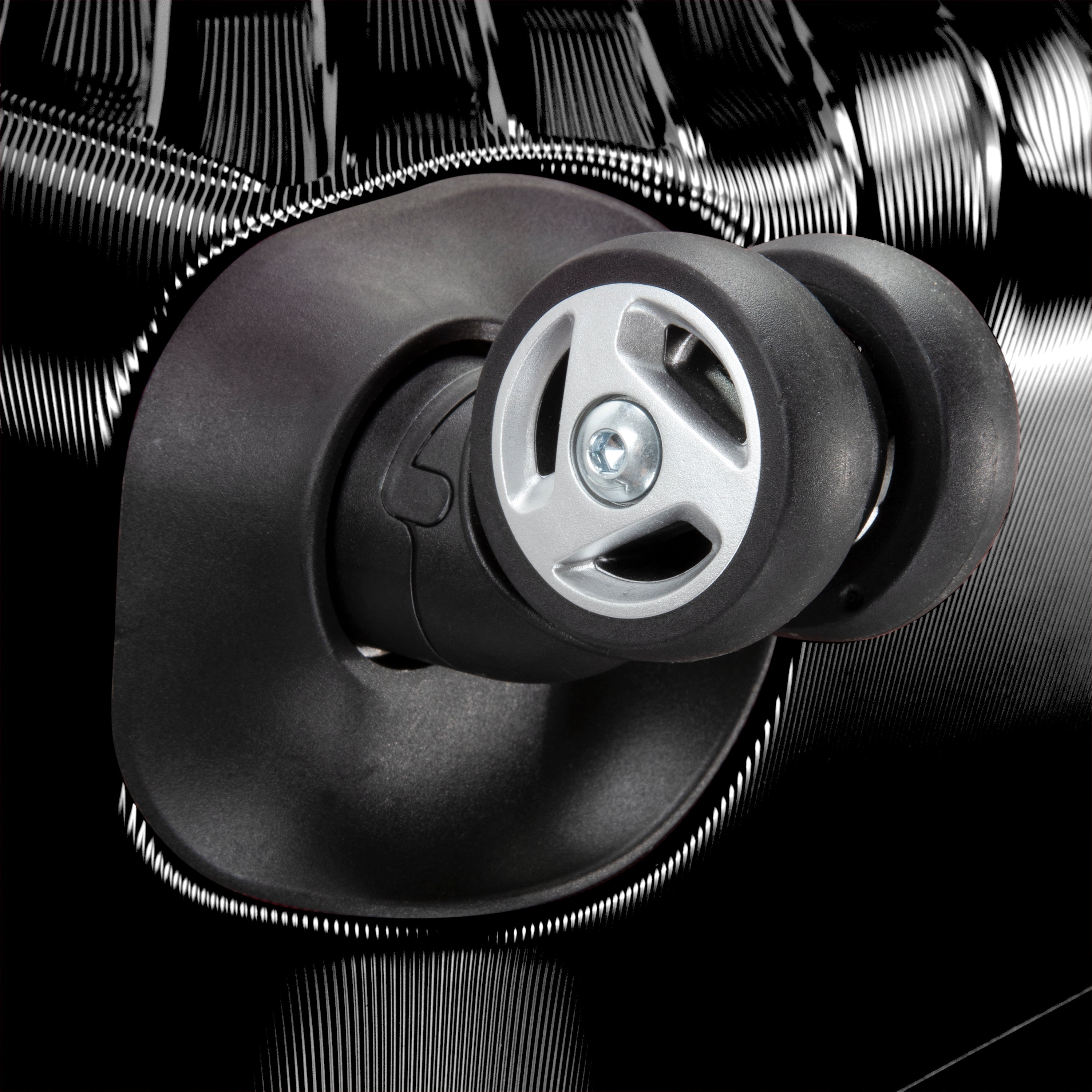 360° dual wheels—recessed for stability